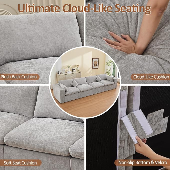 146''Cloud Boneless Sectional Couch, Modular Sectional Sofa Deep Seat, Oversized Upholstered Convertible Comfy 4 Seater Chenille Memory Foam Sofa Couches for Living Room, Light Grey