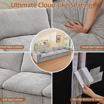 146''Cloud Boneless Sectional Couch, Modular Sectional Sofa Deep Seat, Oversized Upholstered Convertible Comfy 4 Seater Chenille Memory Foam Sofa Couches for Living Room, Light Grey