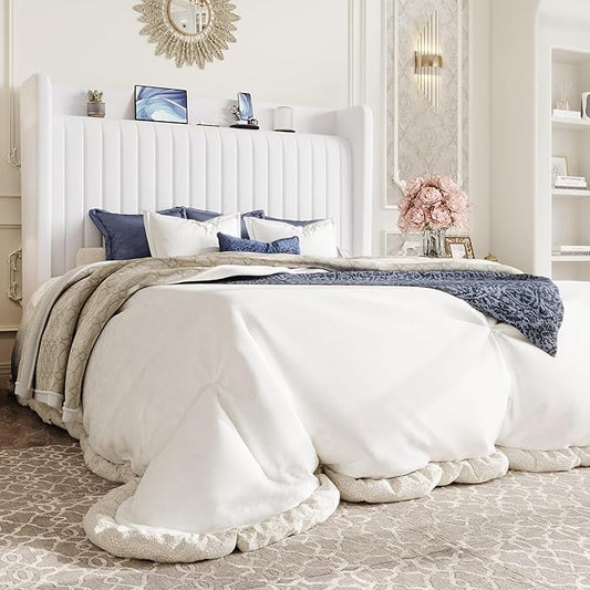 SHA CERLIN Queen Size Velvet Bed Frame with USB Charging Station, Wingback Storage Headboard, Upholstered Platform Bed with Wooden Slats Support, No Box Spring Needed, Easy Assembly, White
