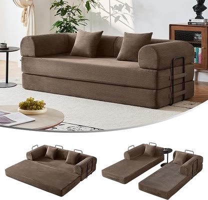 79" 5-in-1 Convertible Sofa Bed No Assembly, Boneless Couch Bed with High Density Foam, Foldable Sleeper Sofa, Corduroy Modular Couch for Apartment, Studio, Dorm Room, Small Space, Brown