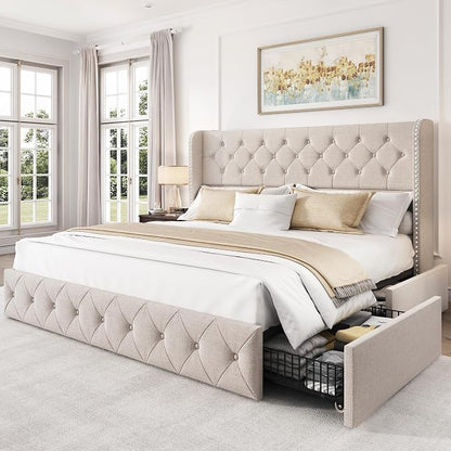 LARMACE King Size Bed Frame with 4 Storage Drawers and 47.2" Tall Tufted Headboard Linen Upholstered Platform Bed Frame Wingback Beds with Wooden Slats Support, Easy Assembly, Beige