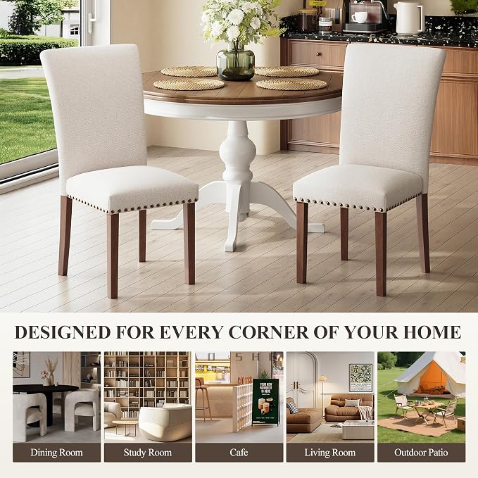 COLAMY Upholstered Dining Chairs Set of 4, Beige | Linen Beige Kitchen Room Chairs with High Back, Dining Room Chairs for Round Kitchen Table or Small Dining Room