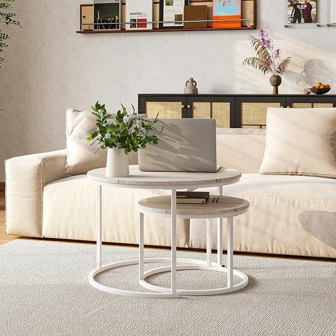 HOJINLINERO Round Coffee Table,Nesting Coffee Table Set of 2,Center Tables for Living Room,Office, Home Small Space,Stacking Side Tables,Sturdy and Easy Assembly,Wood Desktop,Oak+White,Large