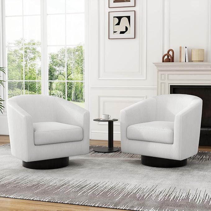 Swivel Barrel Accent Chairs Set of 4, Corduroy Upholstered Armchair Modern Round Club Arm Chair for Living Room, Comfy Single Sofa Seating Bedroom Side Reading Seat for Home Office - Beige