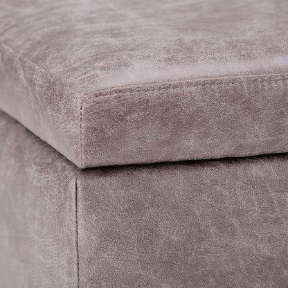 SIMPLIHOME Owen Coffee Table Storage Ottoman - 34" Wide x 19" High Upholstered Vegan Leather Rectangular Lift-Top Ottoman in Distressed Grey Taupe, Mid-Century Modern Bench with Tapered Legs