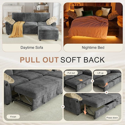 Hanherry 81" Sectional Couch with Pull Out Sofa Bed,Chenille Sleeper Sofa with Storage Ottoman & USB Charging,Comfy L Shaped Modular Couches for Living Room,Apartment