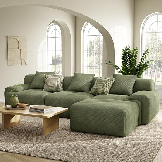 LIKIMIO LumiCord Modular Sectional Sofa with Ottoman, 118" L-Shaped Boneless Couch for Living Room, Oversized Deep Seat with Corduroy Upholstery, No Assembly Required, Olive Green