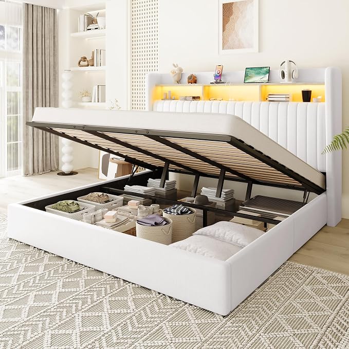 Allewie King Size Lift Up Hydraulic Storage Bed Frame, 2-Tier Shelf Headboard with LED Lights and Charging Station, USB and Type C Ports, Wingback Velvet Headboard, No Box Spring Needed, White