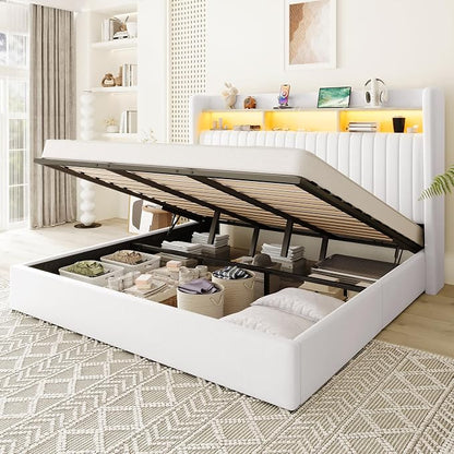 Allewie King Size Lift Up Hydraulic Storage Bed Frame, 2-Tier Shelf Headboard with LED Lights and Charging Station, USB and Type C Ports, Wingback Velvet Headboard, No Box Spring Needed, White