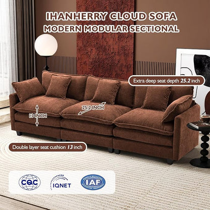 Ihanherry 111.4 Inch 3-Seater Cloud Sofa, Modular Sectional Couch, Modern Deep Seat Sofa for Living Room, Comfy Double Layer Upholstered Seat Cushion, Breathable Chenille Fabric, Brick Red