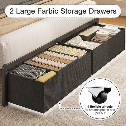 Fluest Twin Bed Frame with Storage Drawers, Upholstered Headboard with Charging Station, LED Lights, Fabric Drawers with Wheels, Under Bed Storage, No Box Spring Needed, Easy Assembly, Grey