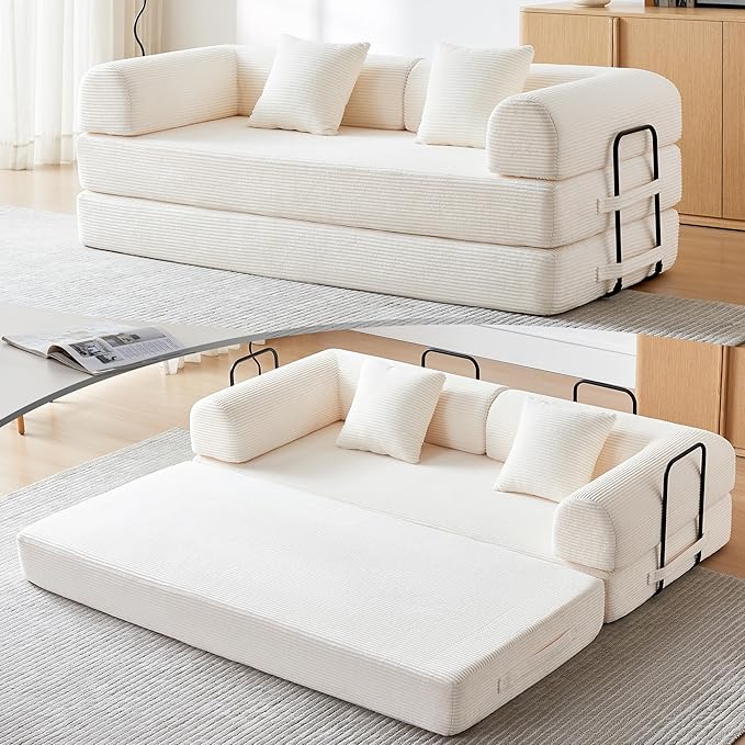 Convertible Folding Couch, 5-in-1 Futon Sofa with Armrests, Convertible Sleeper Sofa Bed Comfy Fold Out Bed for Living Room, Bedroom,Guest, Office, No Assembly Sofa for Small Spaces(Beige White)