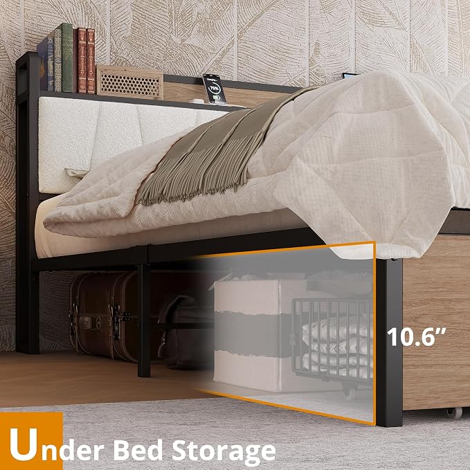 LIKIMIO King Size Bed Frame with 2 Drawers and Charging Station | Platform Bed with Upholstered Storage Headboard, No Box Spring Needed, Easy Assembly, Sturdy, Wood and Cream