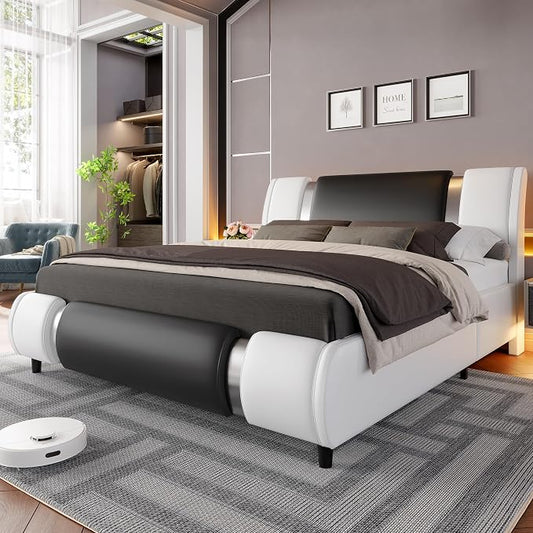 Keyluv Modern Queen Size Bed Frame with Mirror Metal Decoration, Faux Leather Upholstered Platform Bed with Curved Headboard, Wooden Slats Support, No Box Spring Needed, WhiteBlack