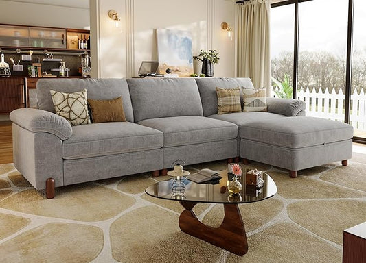 SITJOY Large Cloud Couch, 118" Wide 3 Seater L Shape, Light Gray Chenille | Detachable and Washable Chenille Cover Sectional Sofas for Living Room, Deep Seat Wide Couch with Chaise, Storage Ottoman
