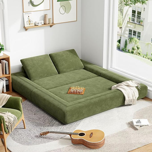 LIKIMIO FlipNest Convertible Sleeper Sofa Bed Floor Sofa 3-in-1 No Assembly, Foldable Mattress with Corduroy Upholstery Olive Green, Lounge Loveseat Couch for Living Room Studio Guest Room
