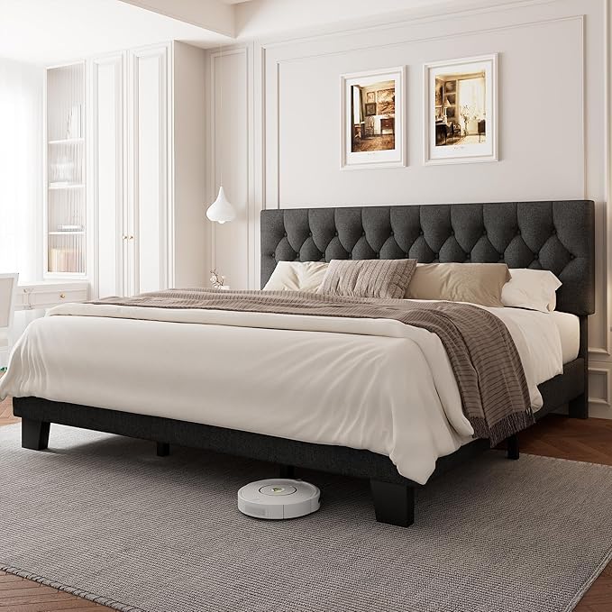 Einhomn King Size Upholstered Bed Frame with Headboard, Tufted Button Linen Bed Base, Platform Bed with Heavy Duty Wood Slat Support, No Box Spring Needed, Easy Assembly, Noise-Free, Dark Grey