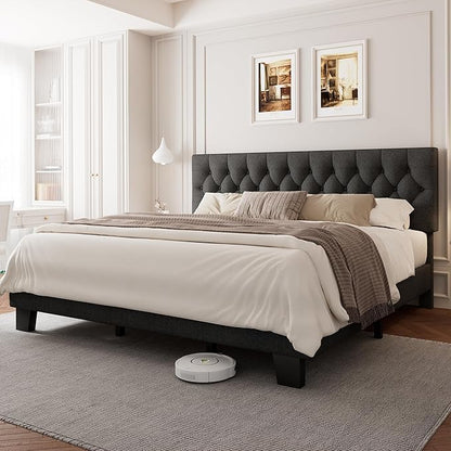 Einhomn King Size Upholstered Bed Frame with Headboard, Tufted Button Linen Bed Base, Platform Bed with Heavy Duty Wood Slat Support, No Box Spring Needed, Easy Assembly, Noise-Free, Dark Grey