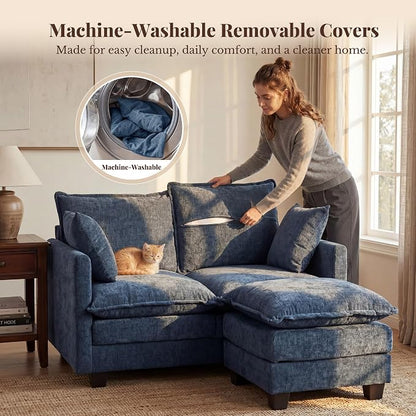 Loveseat Sofa with Ottoman, Cloud 3-Layer Cushion, 27" Deep Seat Love Seat Small Couch with 2 Pillows for Small Spaces, Bedroom, Apartment, Office, Living Room, in a Box, 50-Inch Blue