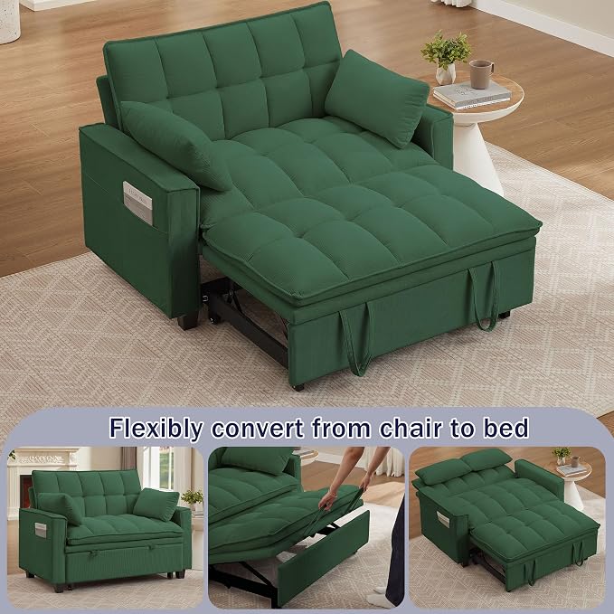 3 in 1 Convertible Sleeper Sofa Bed, 48" Pull Out Couches, Modern Loveseat Sleeper Sofa with Adjustable Reclining Backrest & Side Pockets for Living Room, Green