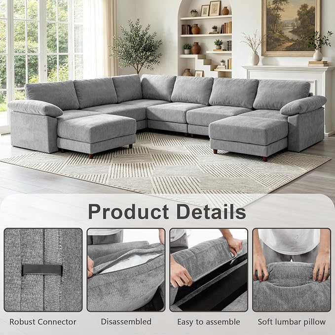 Oversized L Shaped Sectional Couch for Living Room, Extra Large Deep Seat Modular Sectional Sofa with Washable Covers, Modern Cloud Couch for Apartment, Bedroom (Light Gray, U Shape 8 Seat)