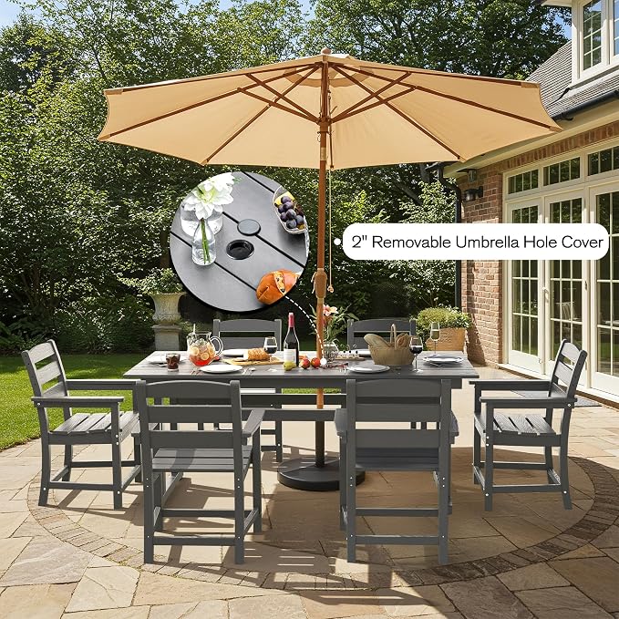 nalone Outdoor Dining Table for 6 - Person, 67"x32" Rectangular Patio Dining Table, All Weather HDPE Dining Table with Umbrella Hole· (Grey, 1 Table)
