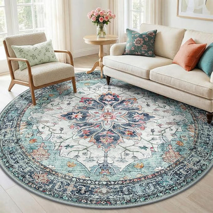 RELEANY Area Rugs Round 6ft Washable Non-Slip, Floral Vintage Distress Medallion Carpet for Living Room Bedroom Dining Room, Green Navy Blue White Red Teal