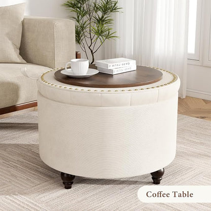 24 Inch Round Storage Ottoman,Modern Tufted Ottomans,Circular Coffee Table with Removable Top,Upholstered Large Ottoman with Storage Footrest Stool for Bedroom Living Room (White)
