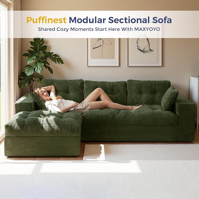 MAXYOYO 96" L Shaped Modular Sectional Sofa with Ottoman, Cloud Boneless Couch with Layered Cushion, Upholstered Sofa in a Box, Flexible Module Combination for Living Room, No Assembly, Dark Green