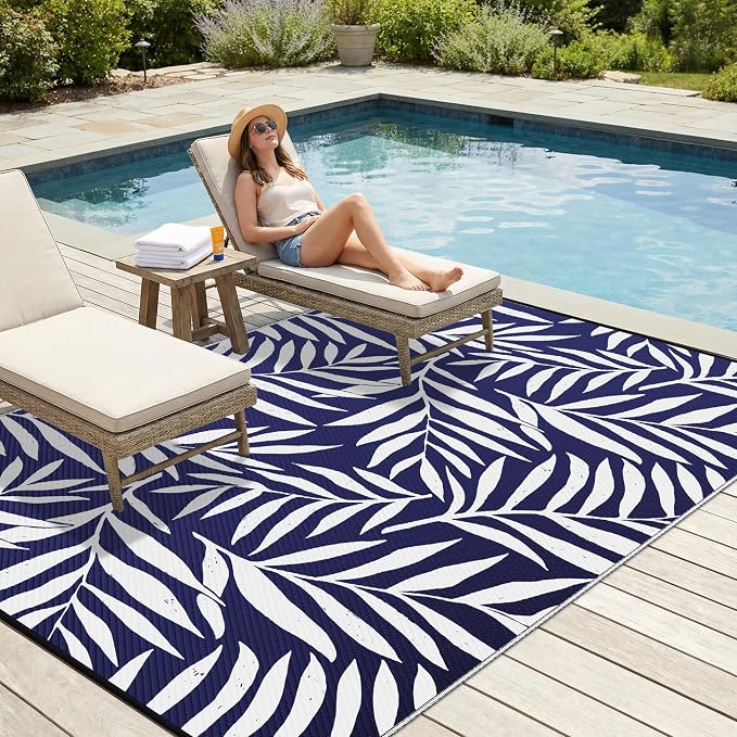 Smiry Outdoor Rug 6x9 ft, Waterproof Reversible Plastic Straw Rugs, Outdoor Area Rug with Leaf Pattern, Outside Floor Mat for Patio, Backyard, Deck, Picnic, Beach, Camping, Navy & White
