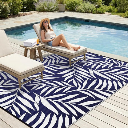 Smiry Outdoor Rug 6x9 ft, Waterproof Reversible Plastic Straw Rugs, Outdoor Area Rug with Leaf Pattern, Outside Floor Mat for Patio, Backyard, Deck, Picnic, Beach, Camping, Navy & White