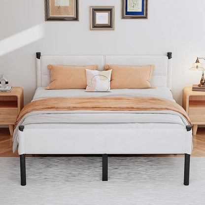 Metal Bed Frame,14Inch Queen Size Bed Frame with Storage Space,Heavy Duty Sturdy Mattress Foundation,Easy Assembly,No Box Spring Needed,Queen White