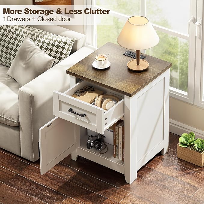 Decofy Farmhouse Nightstand with Charging Station, Set of 2 Modern End Tables with Large Storage and One Drawers, Outlets, USB Ports & Type-C Ports, Easy Assembly for Bedroom (Pure White + Walnut)