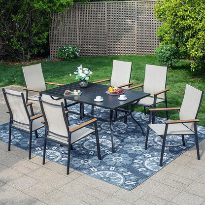 PHI VILLA 7 PCS Patio Dining Set, Aluminum Outdoor Furniture, Patio Table and Chairs for 6, Lightweight Stackable Chairs and Large Metal Dining Table for Garden Yard Deck, Beige