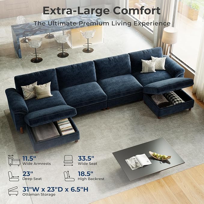 SITJOY Large Cloud Couch, 149" Wide 4 Seater U Shape, Chenille in Navy Blue | Detachable and Washable Chenille Cover Sectional Sofas for Living Room, Deep Seat Wide Couch with Chaise, Storage Ottoman