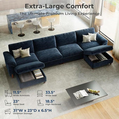 SITJOY Large Cloud Couch, 149" Wide 4 Seater U Shape, Chenille in Navy Blue | Detachable and Washable Chenille Cover Sectional Sofas for Living Room, Deep Seat Wide Couch with Chaise, Storage Ottoman
