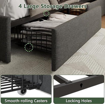 Forestell Queen Bed Frame with 4 Drawers and Storage Headboard, Grey Upholstered Platform Bed Frame Queen Size with Charging Station and LED Lights, Metal Slats Support, No Box Spring Needed