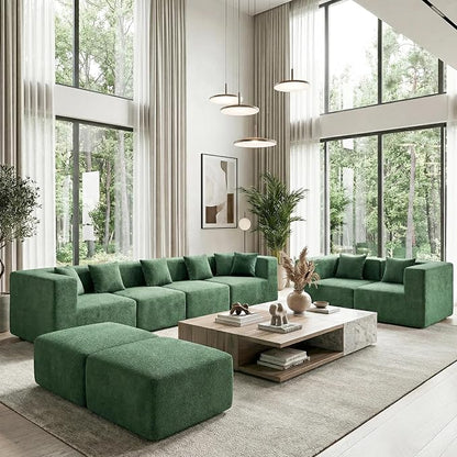 MONVANE Modular Sectional Sofa, Oversized 8 Seat Convertible U Shaped Couch with Ottoman, Comfy Teddy Velvet Cloud Couch with Deep Seat, Sectional Couches for Living Room, No Assembly Required, Green
