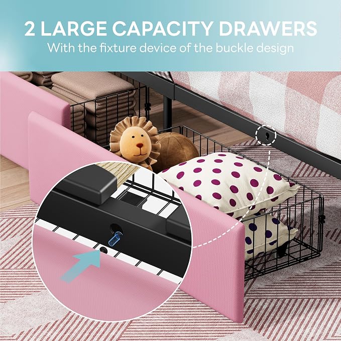 LIKIMIO Twin Bed Frame with 2 Storage Drawers, Charging Station & LED Lights, Upholstered Platform Twin Bed with Storage Headboard, Strong Wooden Slats, No Box Spring Needed, Easy Assembly, Pink