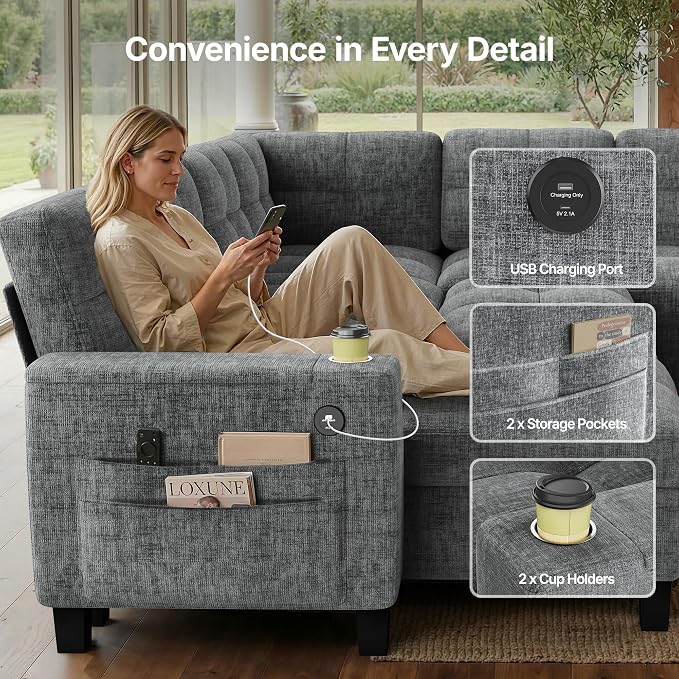 AMADA HOMEFURNISHING 110″ Modular Sectional Sleeper Sofa with Pull Out Couch, U Shaped 7 Seat Sectional Sofa with Storage, USB Ports & Cup Holders, Chenille Cloud Couches for Living Room, Light Gray