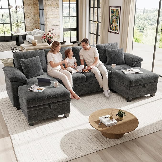 Ihanherry 108" Modular Sectional Sofa with Pull Out Bed, 6-Seater U Shaped Sectional Sleeper Couch with Storage Ottoman, Chenille Convertible Couches for Living Room, Apartment (Grey)