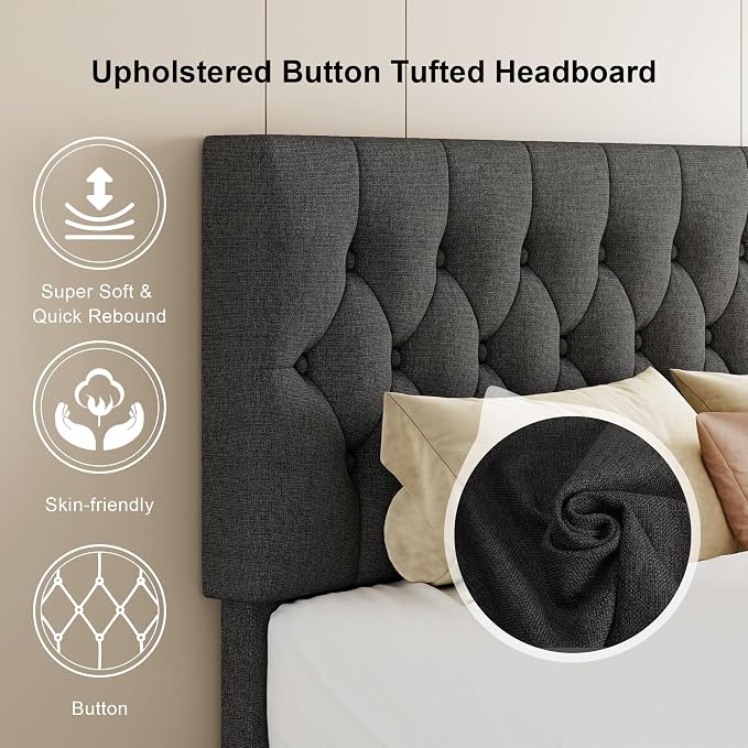 Feonase King Size Bed Frame, Upholstered Bed Platform with Button Tufted Headboard, Heavy Duty Wooden Slats & Thickened Feet, No Box Spring Needed, Noise-Free, Easy Assembly, Dark Grey