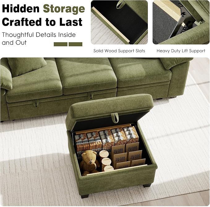Ihanherry 86" Modular Sectional Sofa with Pull Out Bed, 4-Seater L Shaped Sectional Sleeper Couch with Storage Ottoman, Chenille Convertible Couches for Living Room, Apartment (Green)