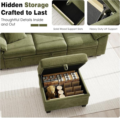 Ihanherry 86" Modular Sectional Sofa with Pull Out Bed, 4-Seater L Shaped Sectional Sleeper Couch with Storage Ottoman, Chenille Convertible Couches for Living Room, Apartment (Green)