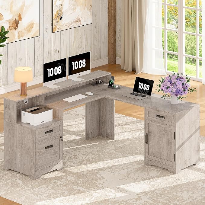 Whalefall 63'' Farmhouse L Shaped Desk with Monitor Stand Shelves, Gray | Corner Computer Desk with Drawers, Executive Home Office L Desk with File Cabinet Storage and Charging Station