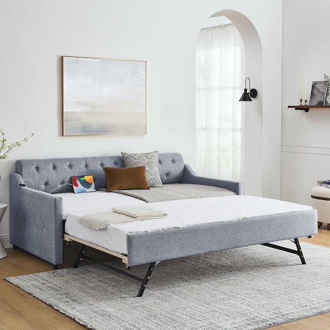 KEIKI Twin Size Upholstery Daybed with Trundle and USB Charging Design, Twin to King Design Mid-Century Extendable Sofa Bed, Easy Assembly, No Box Spring Required, for Living Room and Bedroom, Grey