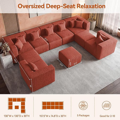 MONVANE Modular Sectional Sofa, Oversized 10 Seat Convertible U Shaped Couch with Ottoman, Comfy Chenille Cloud Couch with Deep Seat, Sectional Couches for Living Room, No Assembly Required, Rust Red
