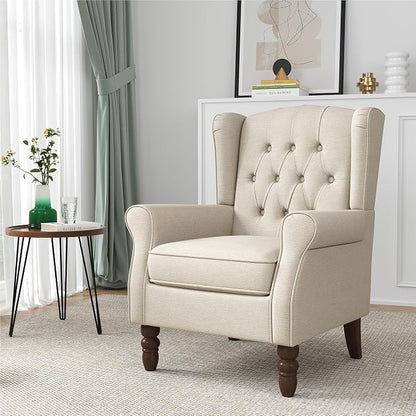 Wingback Accent Chairs Set of 2, High Back Arm Chair for Living Room, Button-Tufted Upholstered Fabric Armchair with Solid Wood Legs, Comfy Single Sofa Reading Chair for Bedroom, Beige