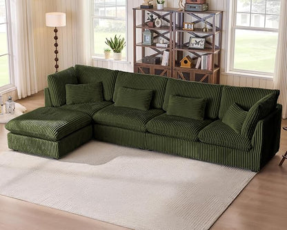 154" Oversized Corduroy Couch Modular Sectional Sofa, Washable Cloud Couch Sectional with Ottoman, 5 Seater Sectional Couches for Living Room, Fully Cover Removable, L Shaped, Corduroy, Green