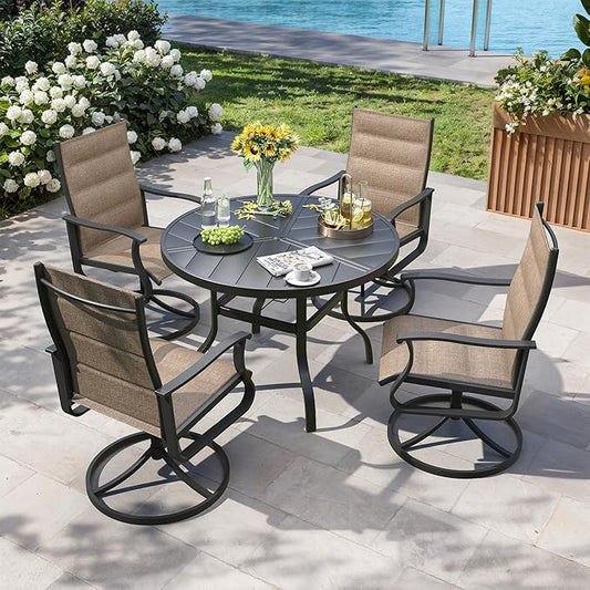 5 Pieces Patio Dining Set, Padded Patio Outdoor Furniture Set of 4 Patio Swivel Dining Chairs and 39" Patio Spliced Round Tabletop with Umbrella Hole, for Deck, Backyard, Poolside & Garden